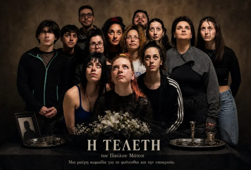 The Group of the students of the University of Patras of Agrinio that played in the theatrical play "The Ceremony" by Pavlos Matesis looking upward with serious expressions and floral centerpiece below.
